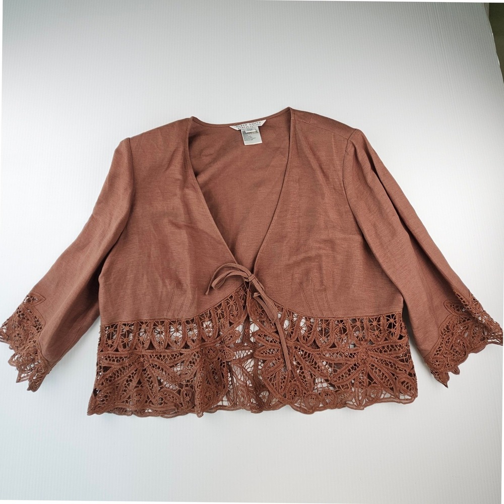 Plaza South Brown Linen Blend Crochet Lace Bolero Tie Front Cardigan 18WP Y2K